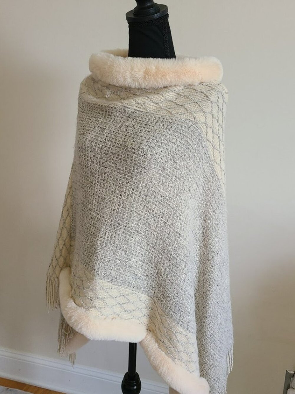 Snow Queen Faux Fur Trim Knit Poncho Cape Winter Fairy Fringe Ivory Boho